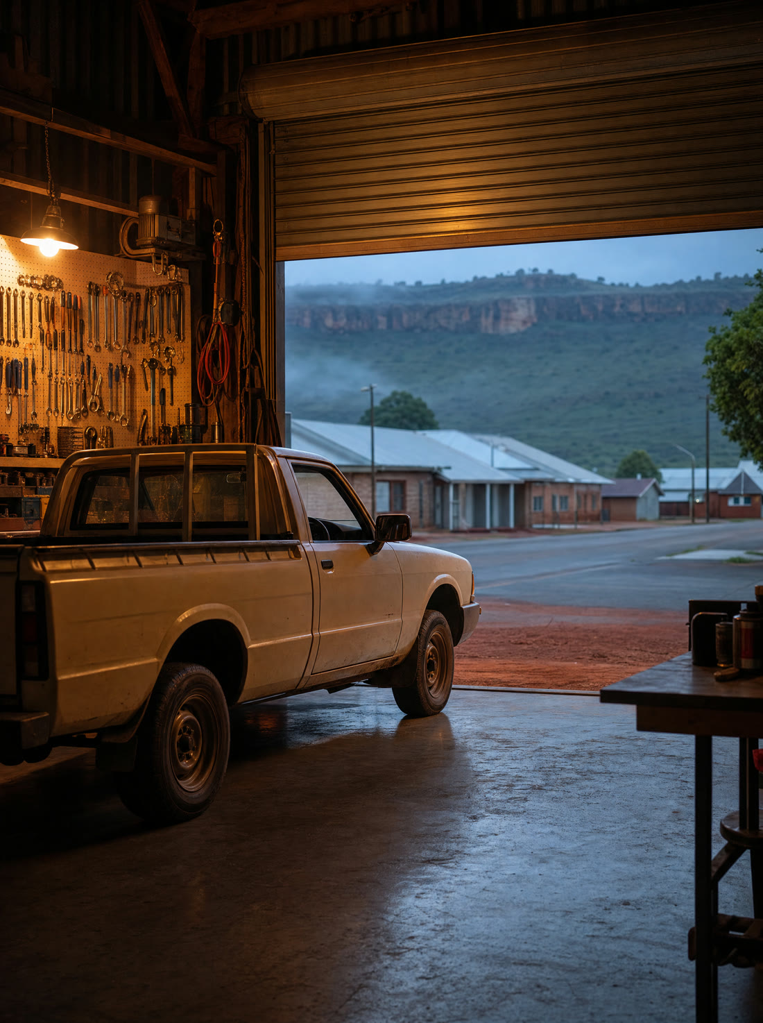 A mechanic workshop with its roller door open onto a misty country town at dawn