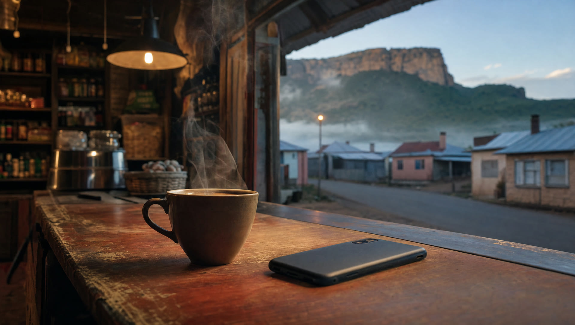 A cup of coffee and a phone on a shop counter, with a quiet South African street outside at dawn