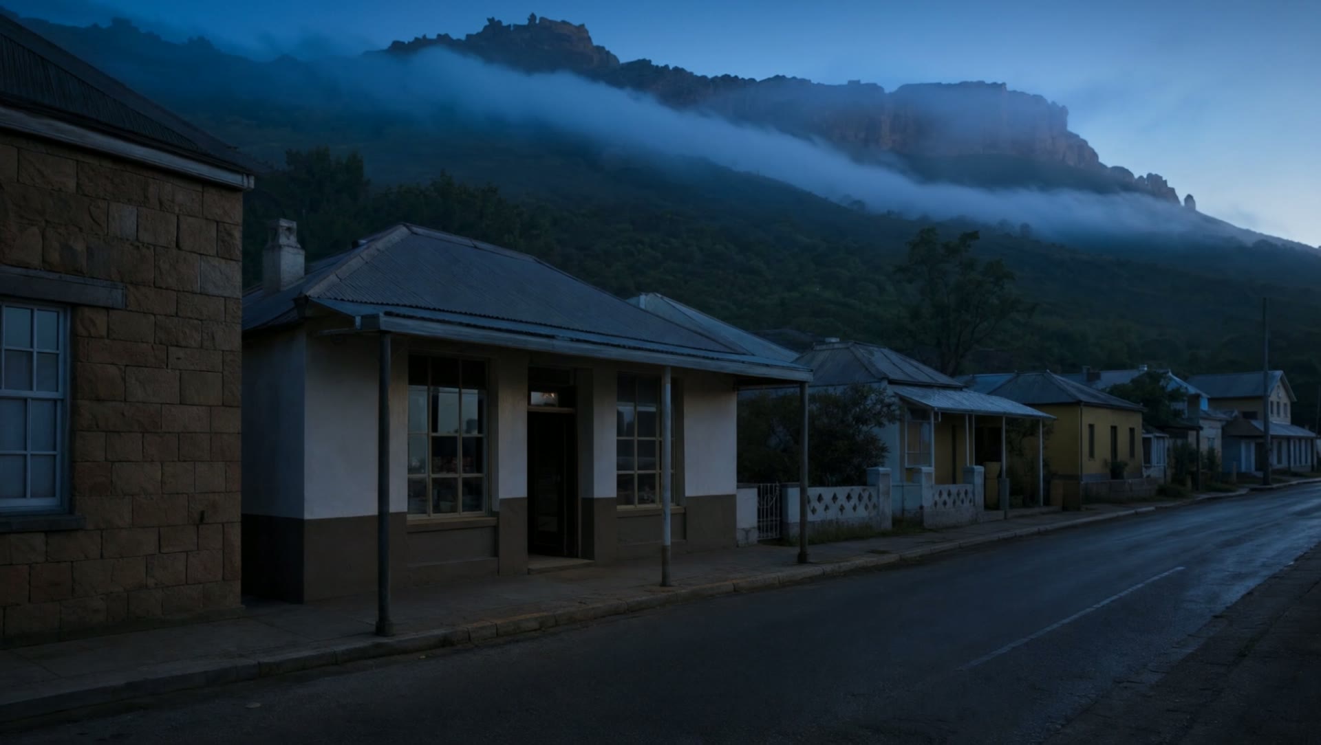A small shop on a South African main street before opening, its lights still off